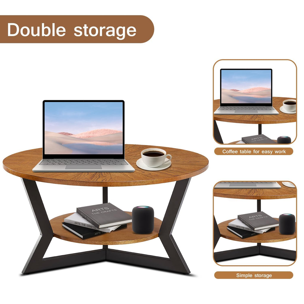 Brown 2-Tier Solid Wood Round Coffee Table L468511