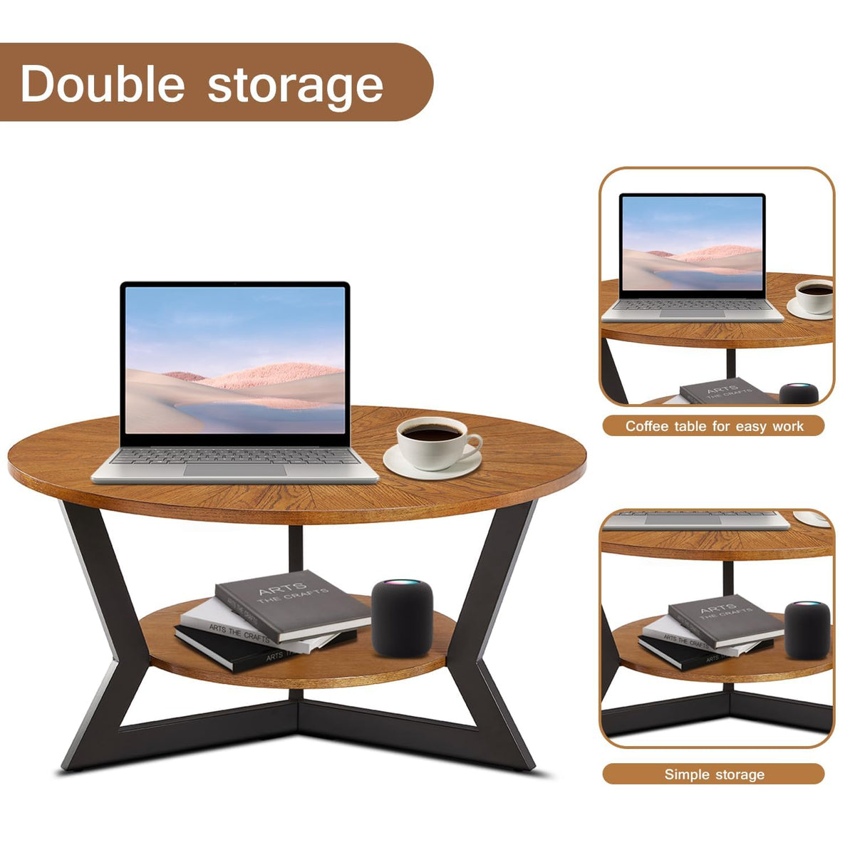 Brown 2-Tier Solid Wood Round Coffee Table L468511