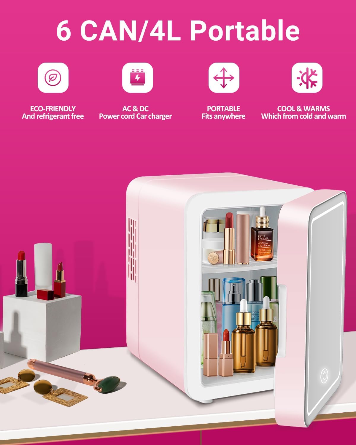 4-Liter Pink Portable Mini Fridge with Mirrored Door E691