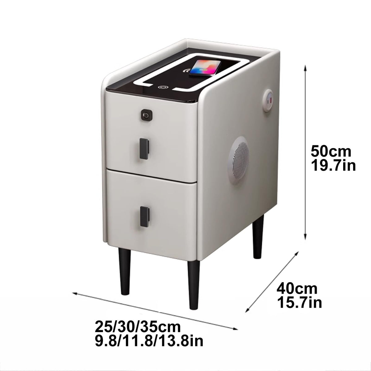 White Smart Nightstand with Fingerprint Lock, Wireless Charging, Speaker, USB Port, 3 LED Lights, 2 Storage Drawers S59364