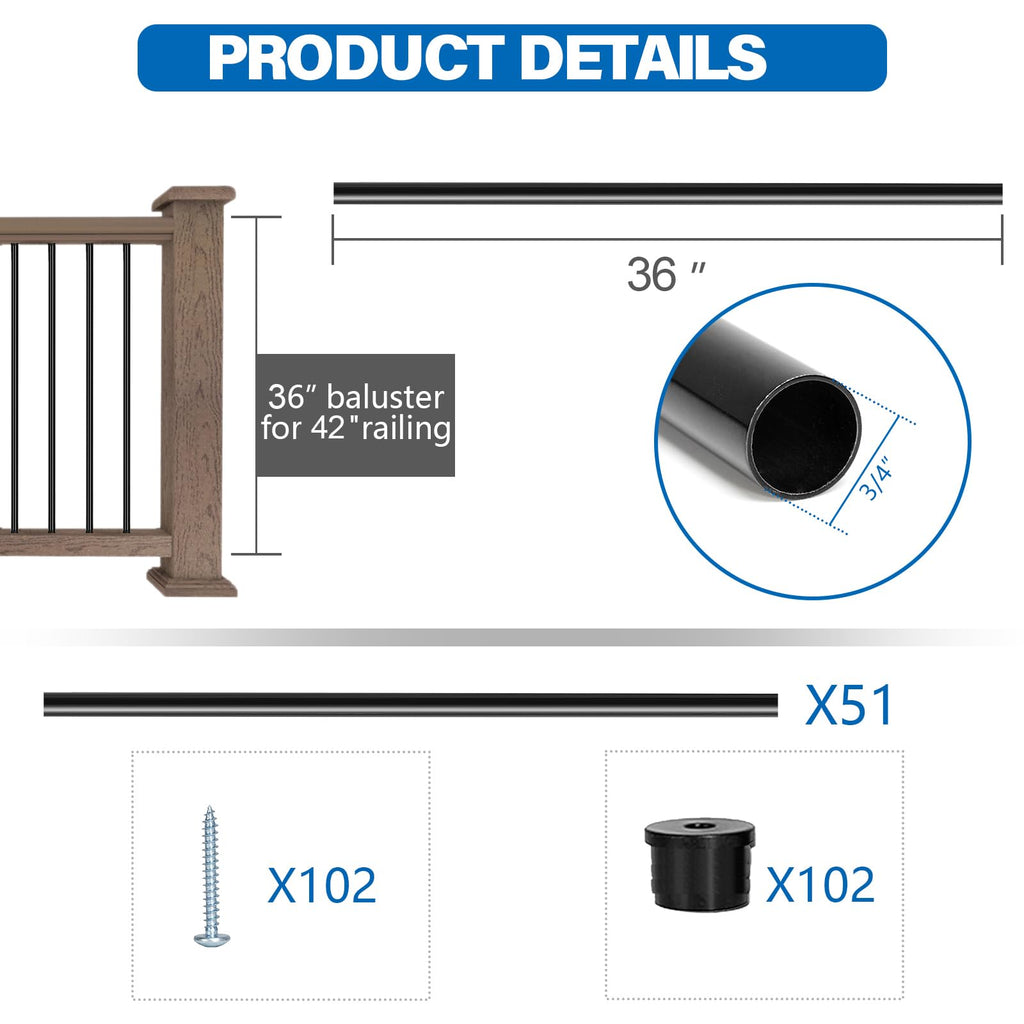 51 Pack 36" Black Aluminum Deck Balusters N1322