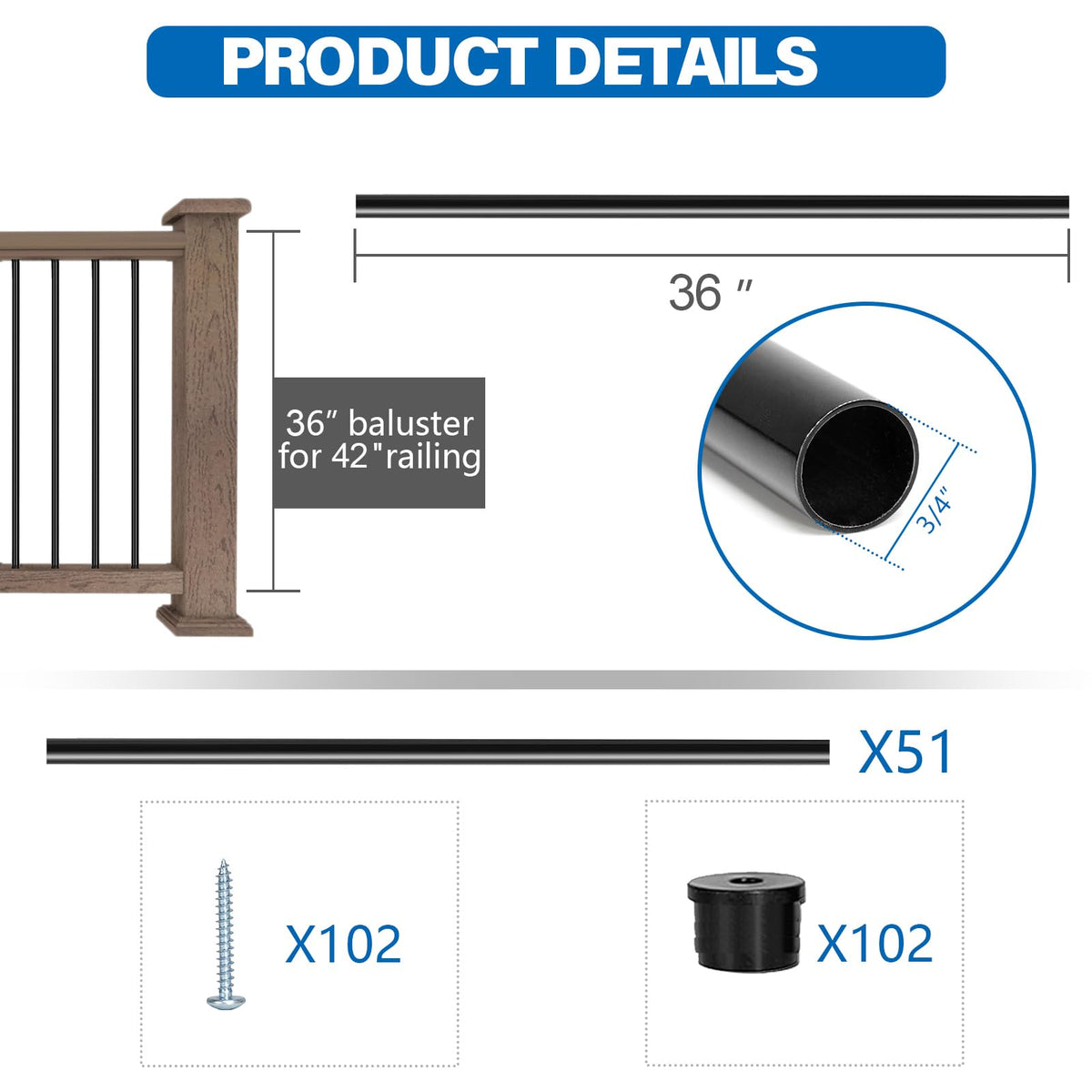 51 Pack 36" Black Aluminum Deck Balusters N1322