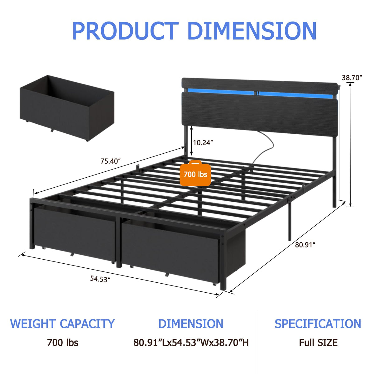 Full Size Bed Frame with Wood Headboard and Storage Drawers W38156