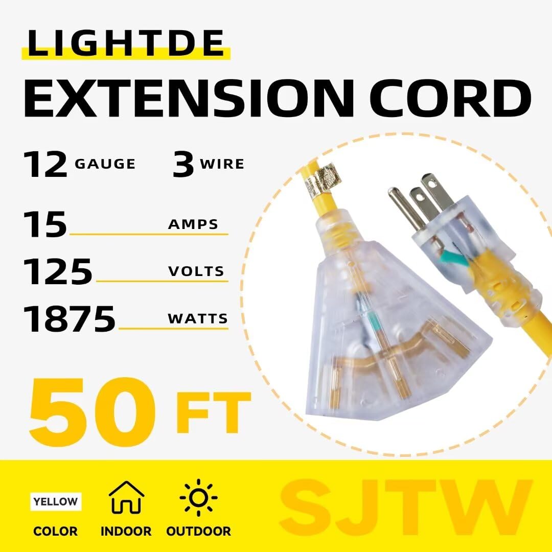 50 Ft Yellow Heavy Duty Outdoor Extension Cord with 3 Outlets M7586