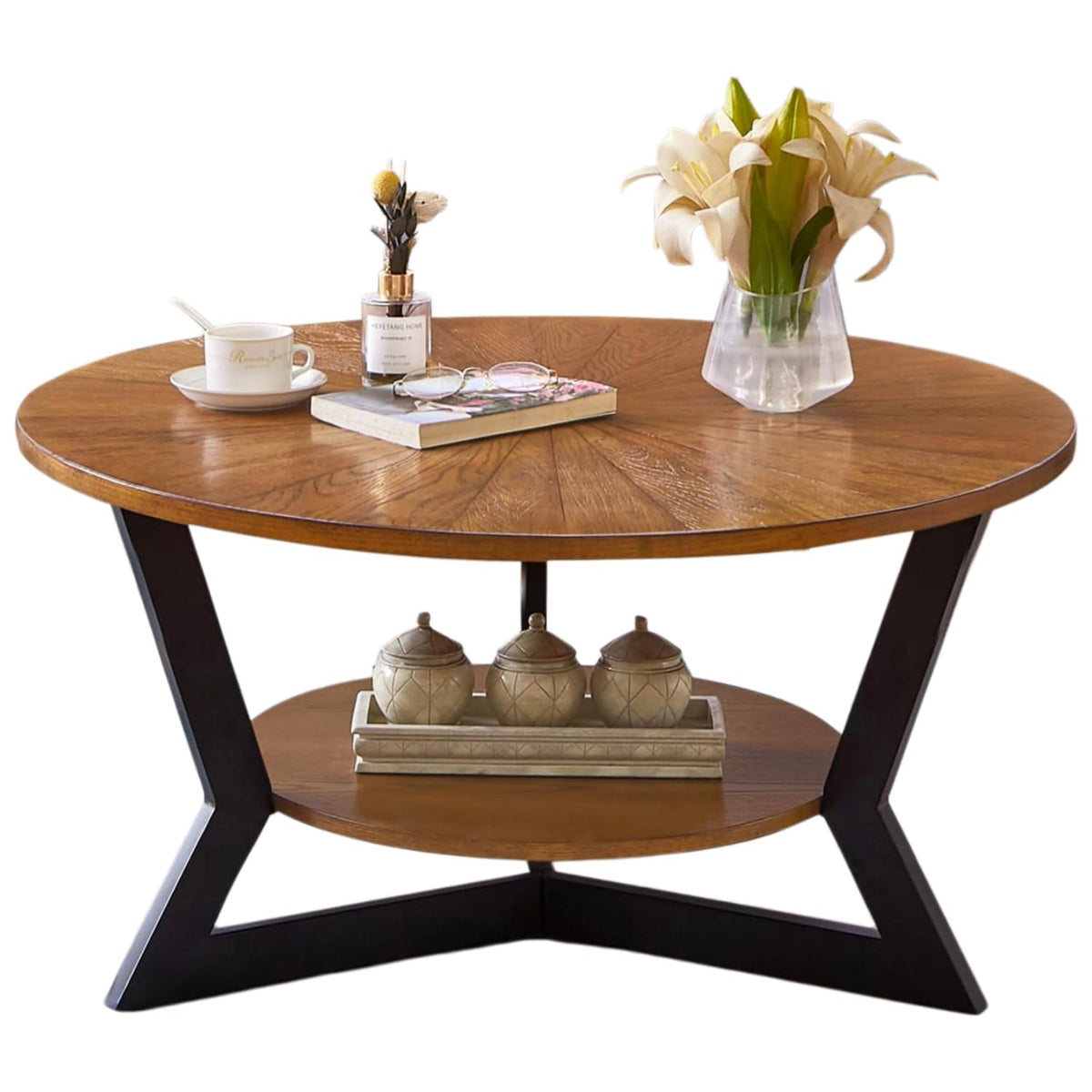 Brown 2-Tier Solid Wood Round Coffee Table L468511