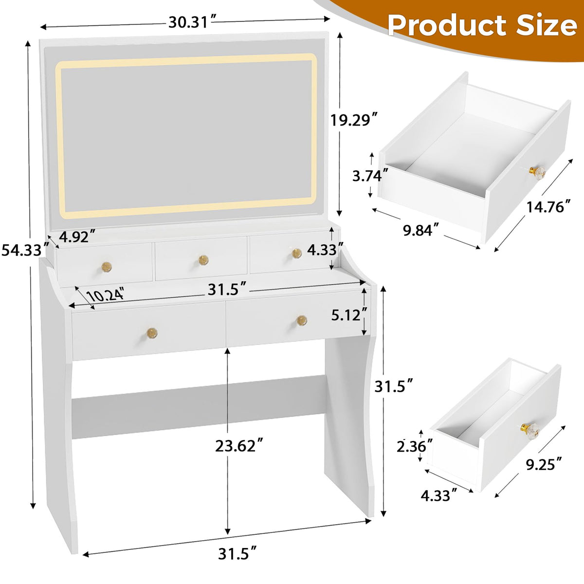 White Vanity Desk with LED Lights Mirror and 5 Drawers S31434