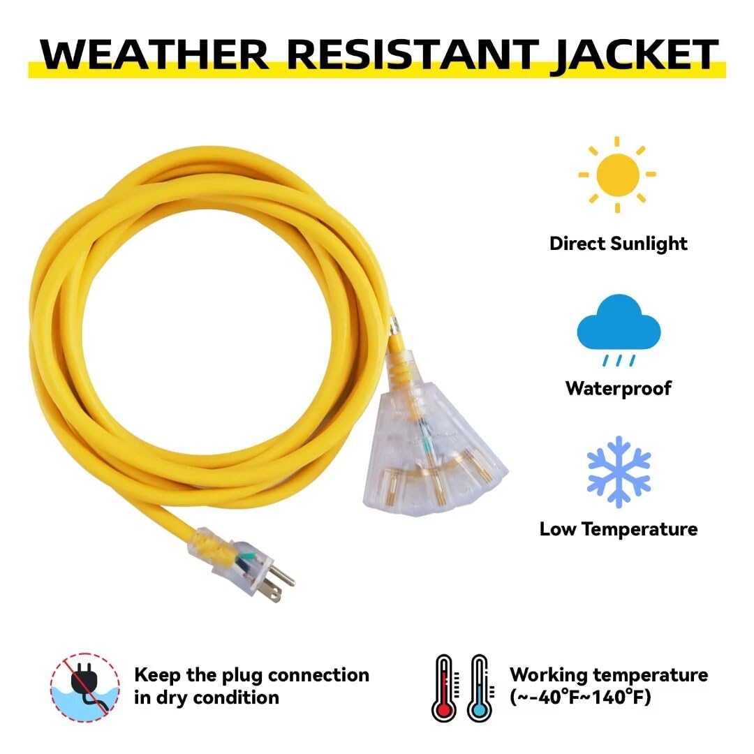 50 Ft Yellow Heavy Duty Outdoor Extension Cord with 3 Outlets M7586