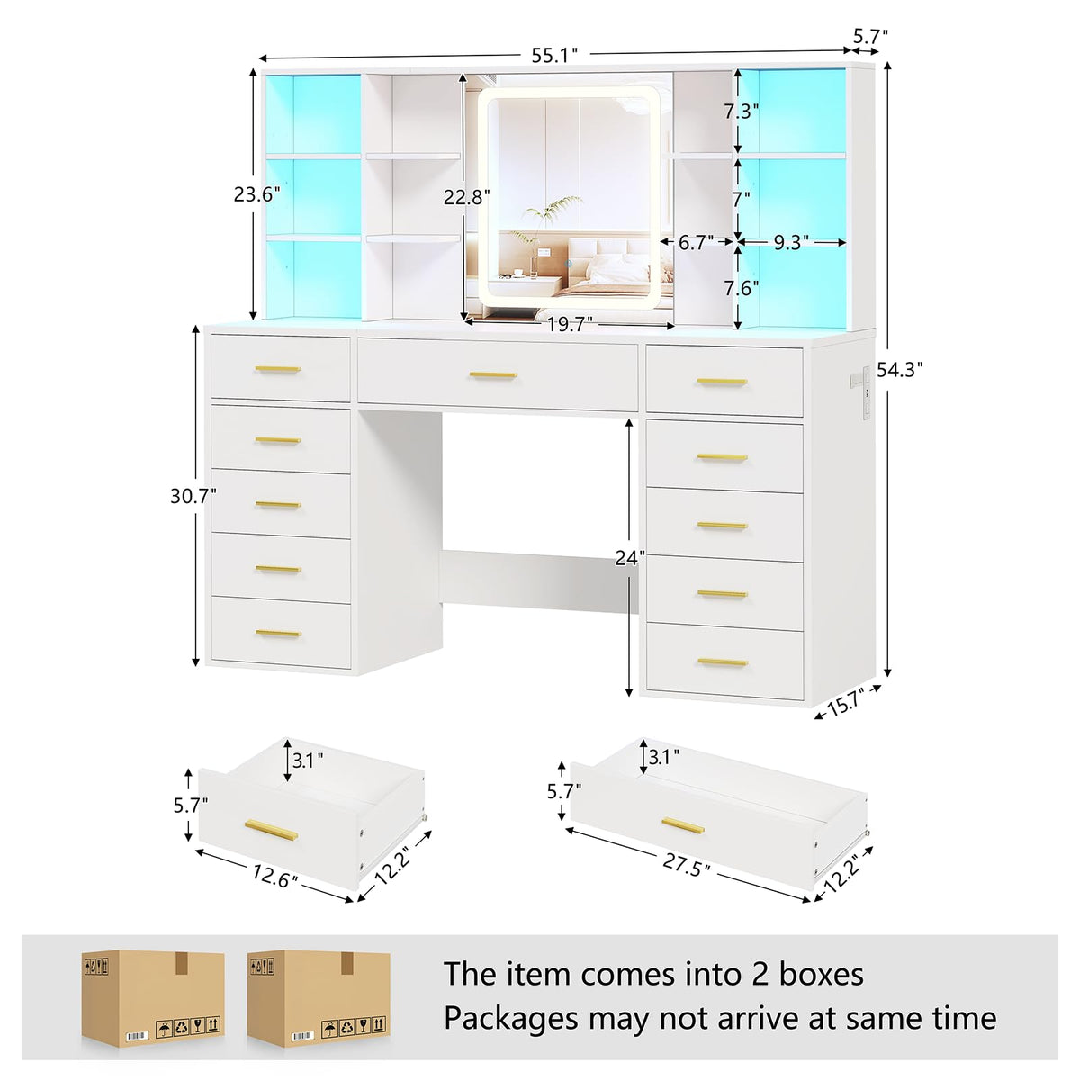 55" Extra-Wide White Makeup Vanity Desk with Lighted Mirror & 11 Drawers H4159