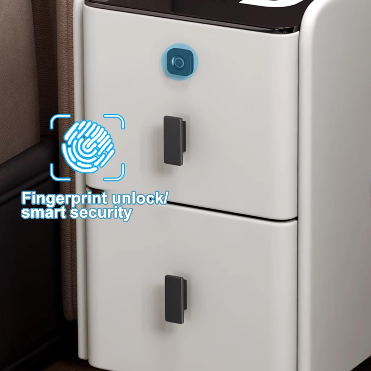 White Smart Nightstand with Fingerprint Lock, Wireless Charging, Speaker, USB Port, 3 LED Lights, 2 Storage Drawers S59364