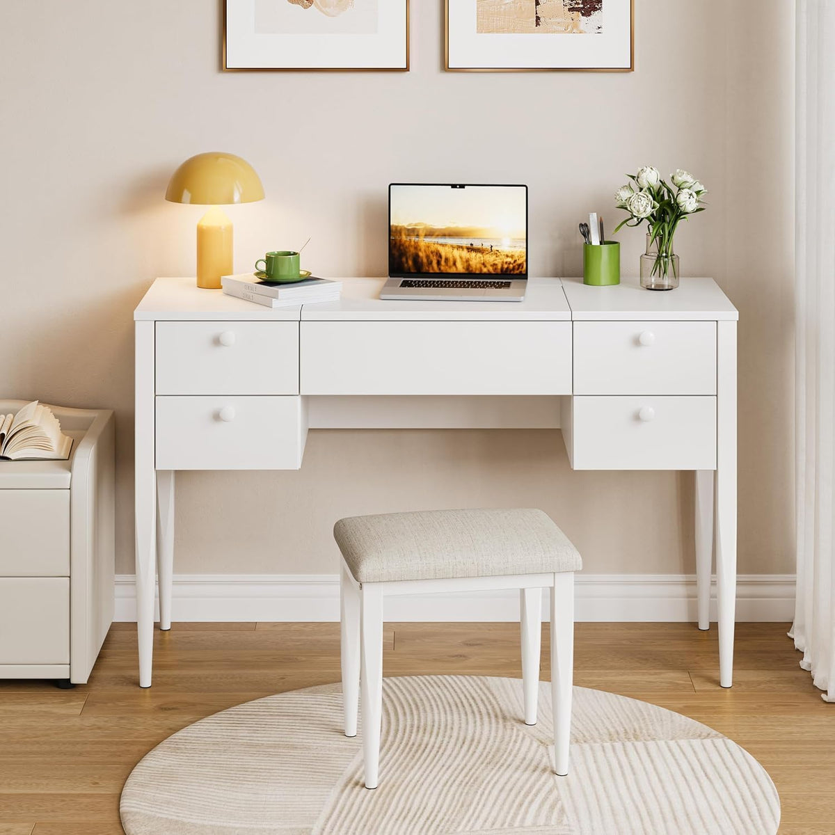 White Makeup Vanity Desk with Flip Top Mirror and Chair S328