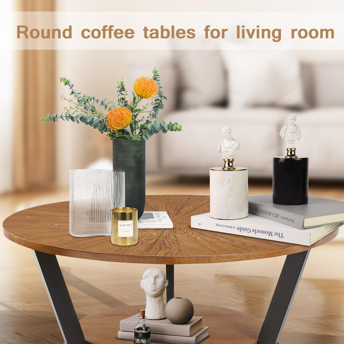 Brown 2-Tier Solid Wood Round Coffee Table L468511