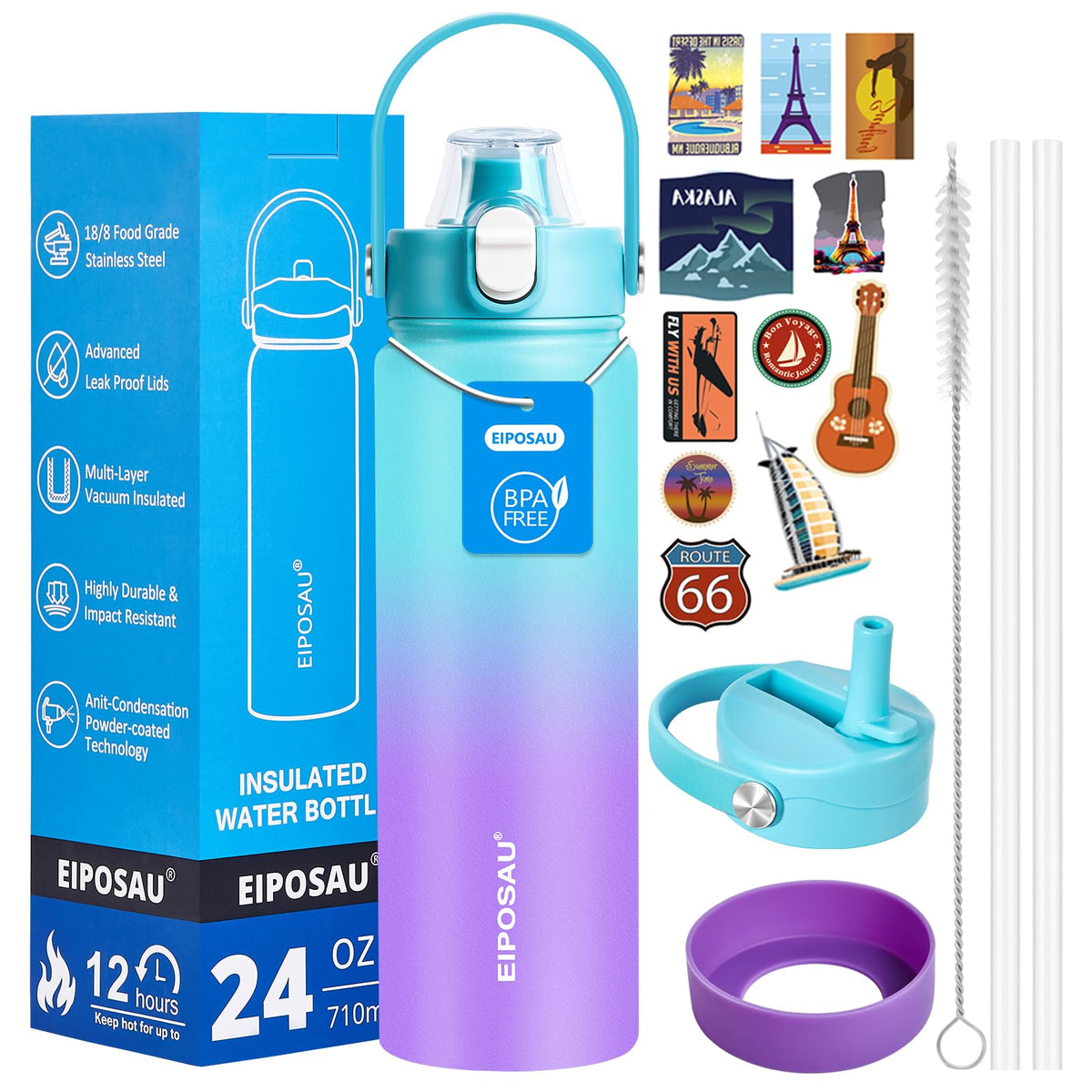 Insulated Water Bottle with Lid & Boot & Stickers, 24 oz N698699