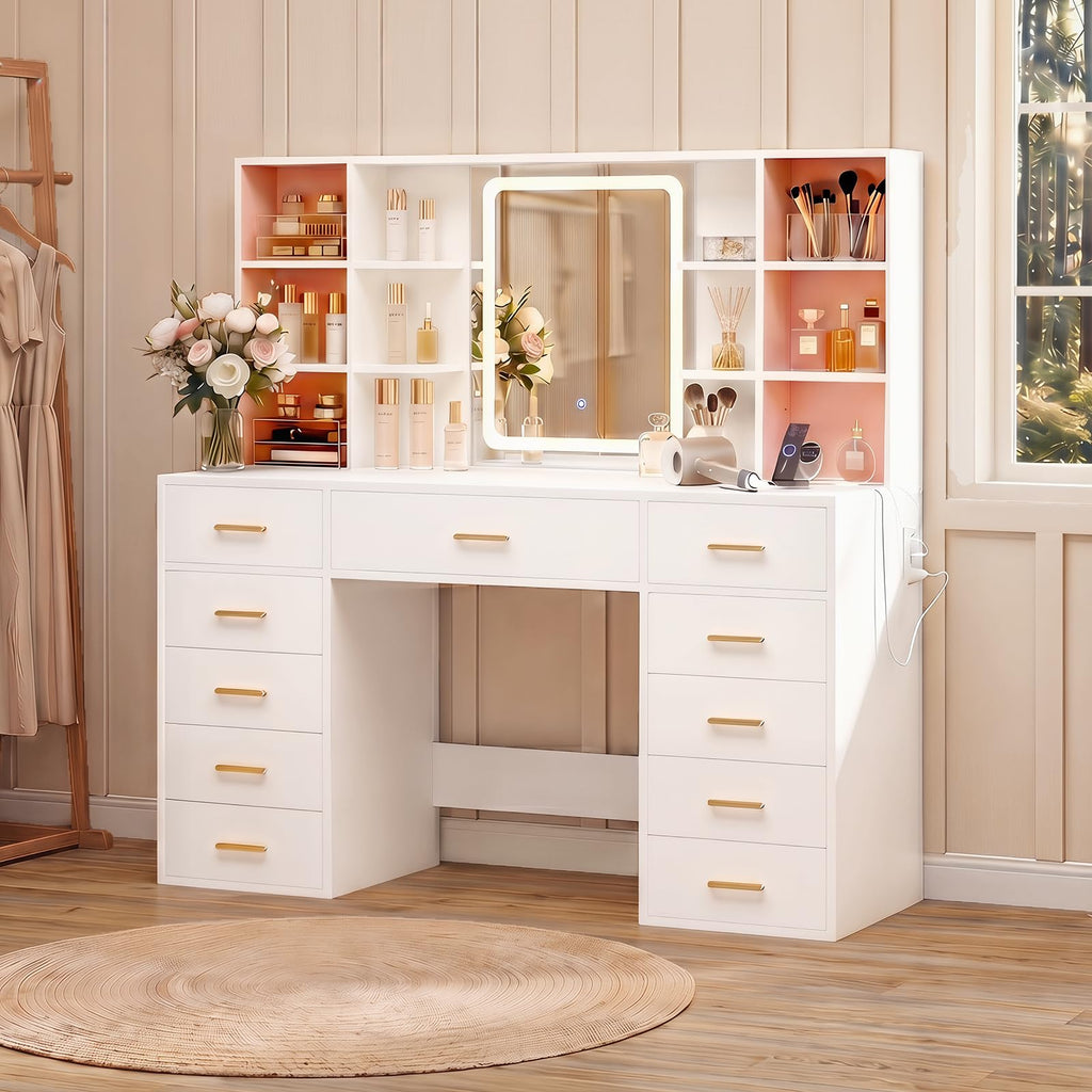 55" Extra-Wide White Makeup Vanity Desk with Lighted Mirror & 11 Drawers H4159