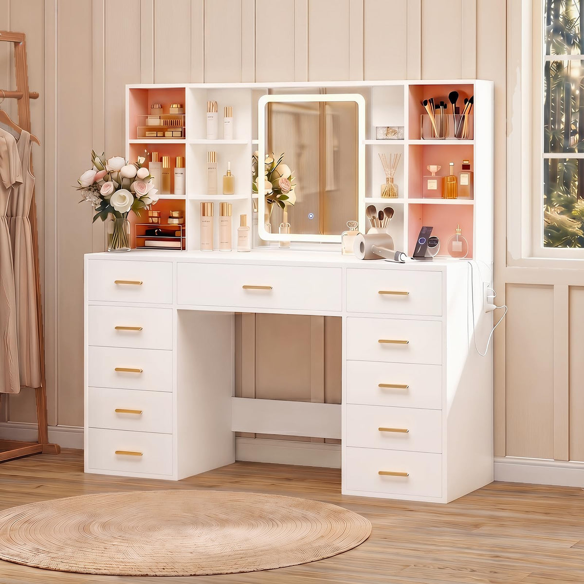 55" Extra-Wide White Makeup Vanity Desk with Lighted Mirror & 11 Drawers H4159