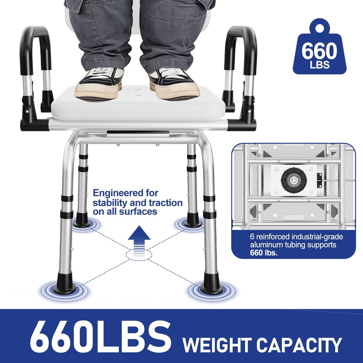 Swivel Shower Chair, 660 LBS, Adjust Height, Pivoting Arms B41864