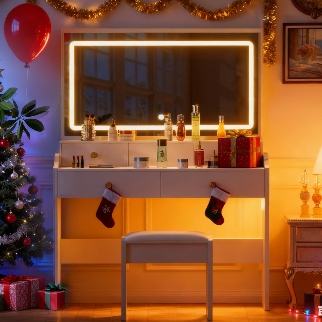White Vanity Desk with LED Lights Mirror and 5 Drawers S31434