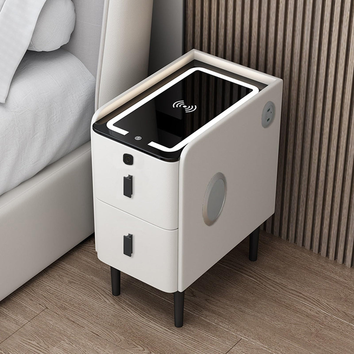 White Smart Nightstand with Fingerprint Lock, Wireless Charging, Speaker, USB Port, 3 LED Lights, 2 Storage Drawers S59364