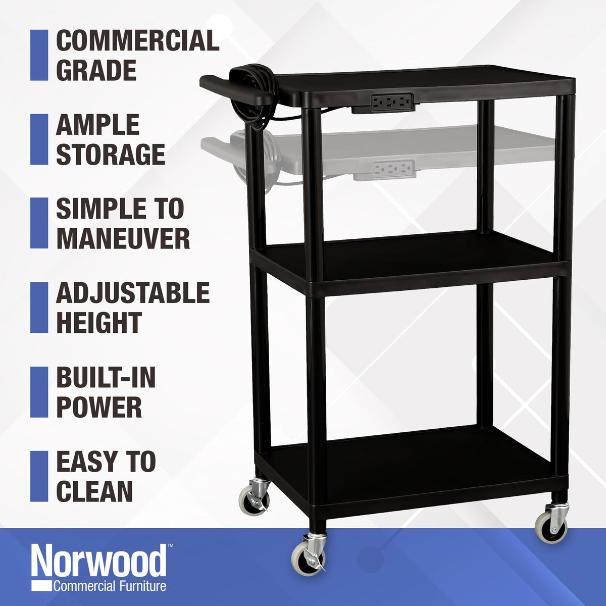 Mobile Utility AV Cart with Power Strip and Casters, Black H936902