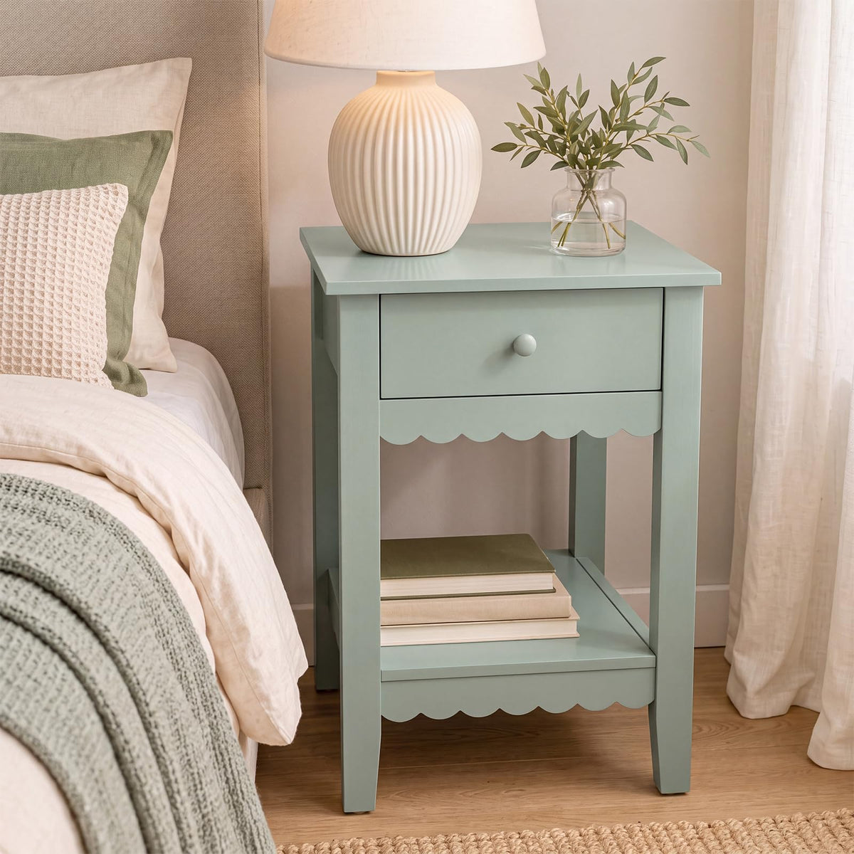 Scalloped Nightstands Side End Table with Drawer & Open Shelf I485357