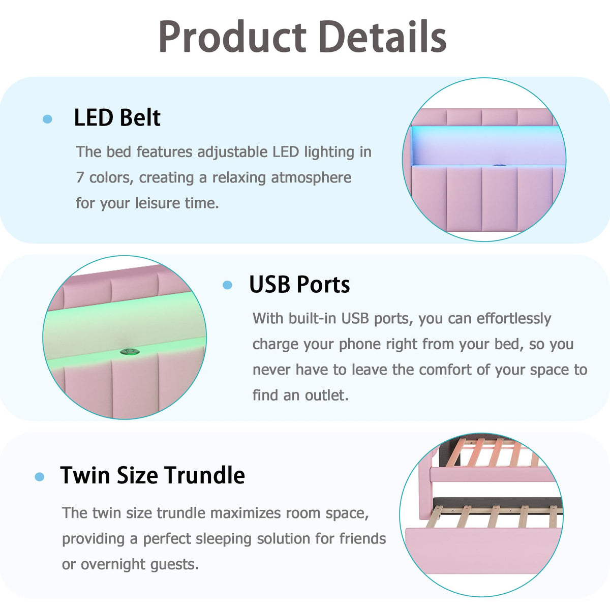 Twin Size Upholstered Platform Bed with Trundle and USB Ports, Pink N6335