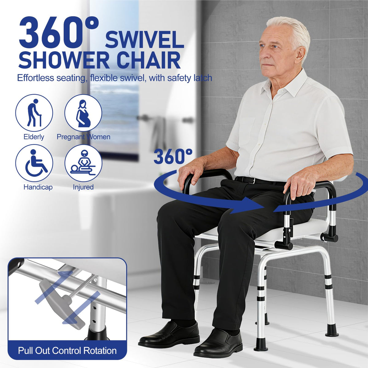 Swivel Shower Chair, 660 LBS, Adjust Height, Pivoting Arms B41864