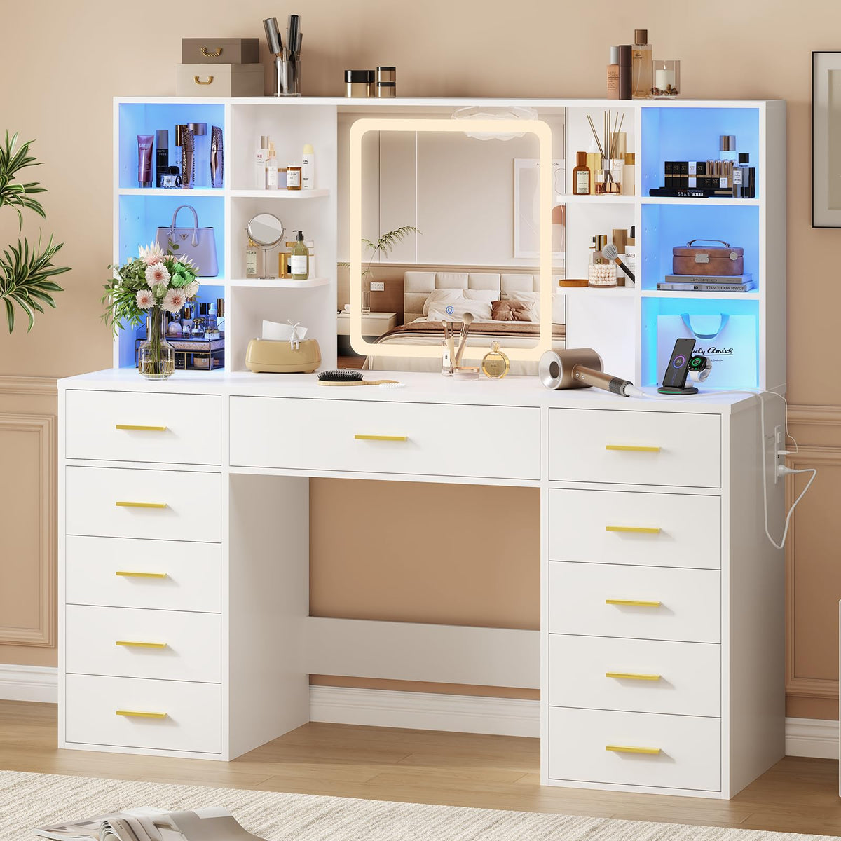 55" Extra-Wide White Makeup Vanity Desk with Lighted Mirror & 11 Drawers H4159