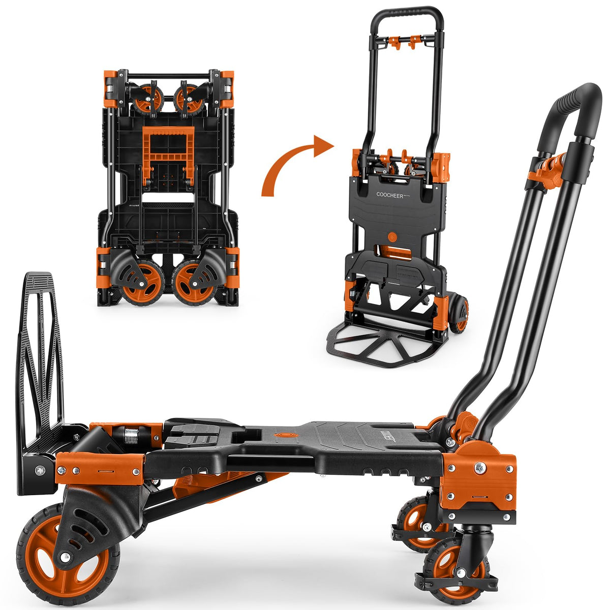 Folding Hand Truck Dolly, 330lb 4 to 2 Wheel Moving Cart, Orange U9570