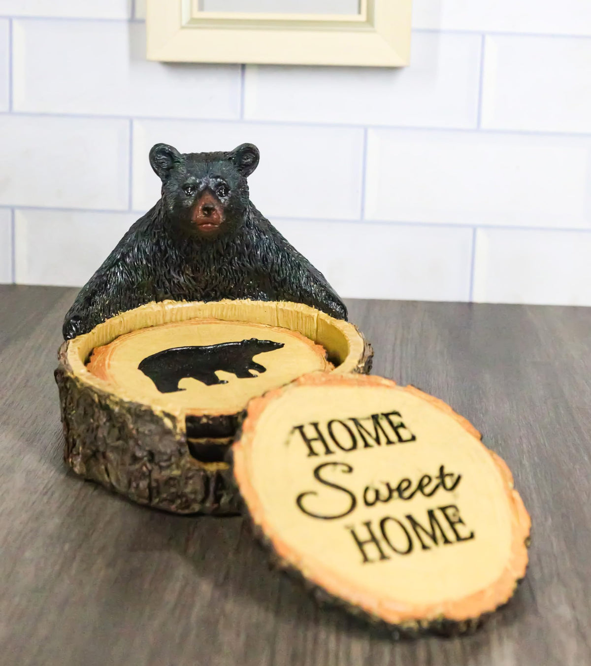 Black Bear Tree Trunk Coaster Holder with 4 Coasters M683820