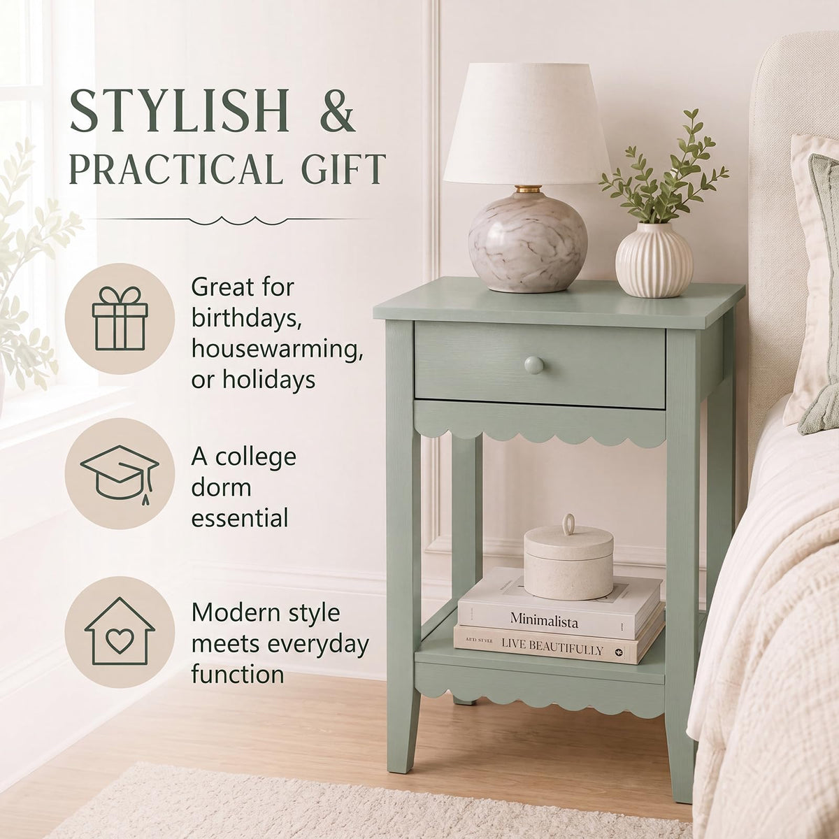 Scalloped Nightstands Side End Table with Drawer & Open Shelf I485357