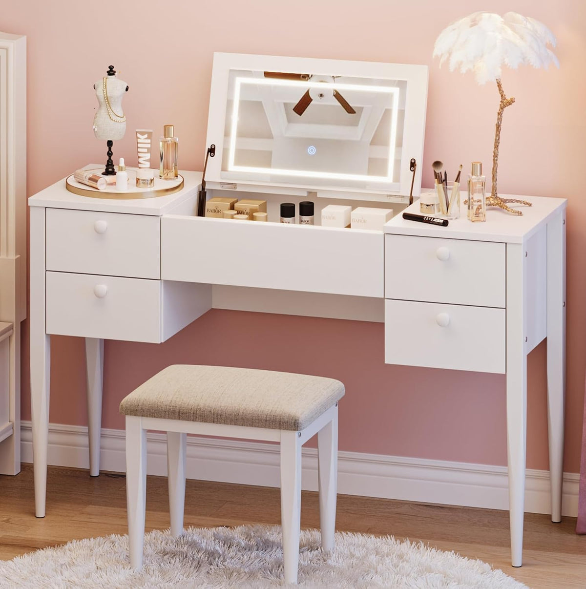 White Makeup Vanity Desk with Flip Top Mirror and Chair S328