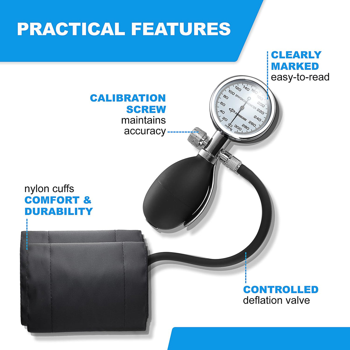 Aneroid Sphygmomanometer and Blood Pressure Cuff Set with 5 Sized Nylon Cuffs L907237