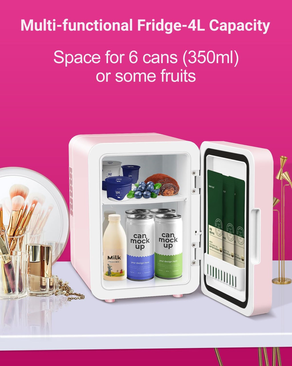 4-Liter Pink Portable Mini Fridge with Mirrored Door E691