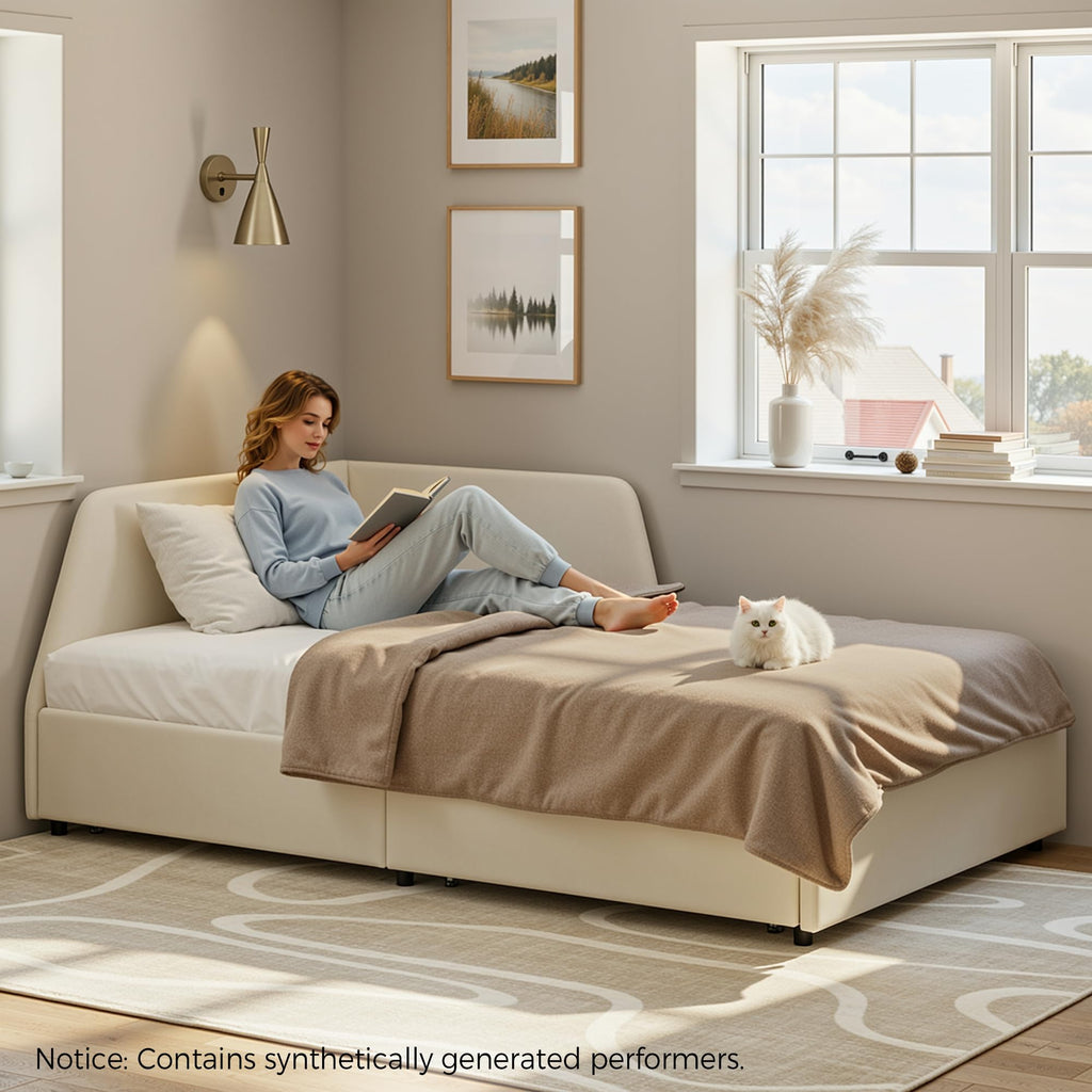 Twin Corner Daybed with 2 Drawers and Headboard, Beige V596686