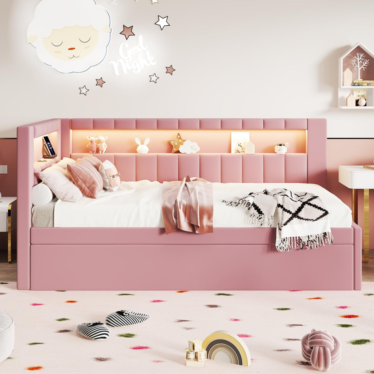 Twin Size Upholstered Platform Bed with Trundle and USB Ports, Pink N6335