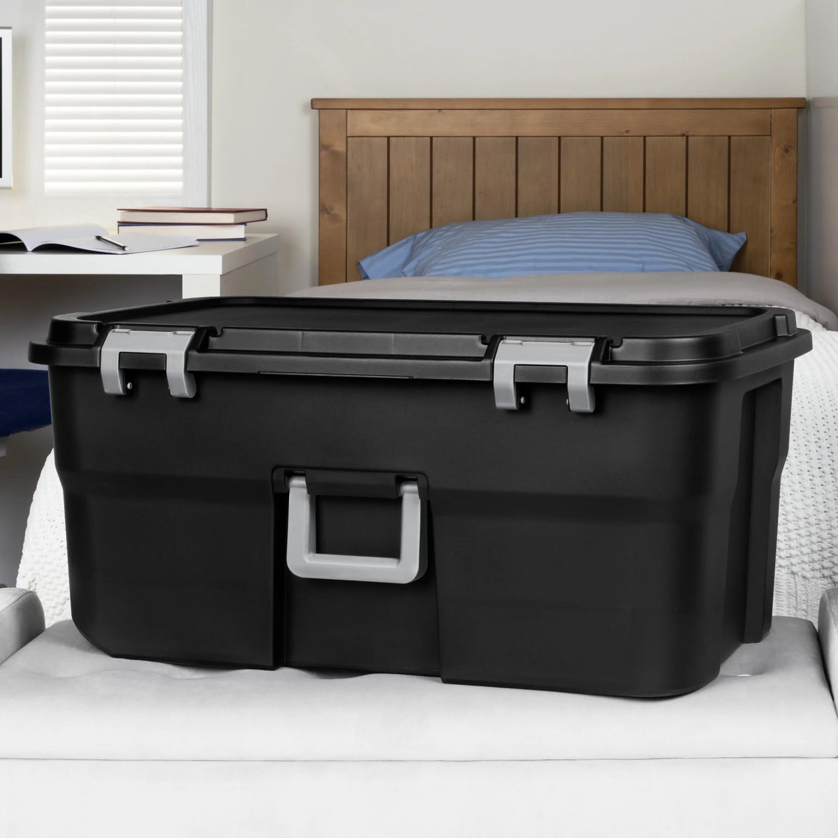 22 Gallon Black Wheeled Plastic Storage Trunk with Latching Lid K342557