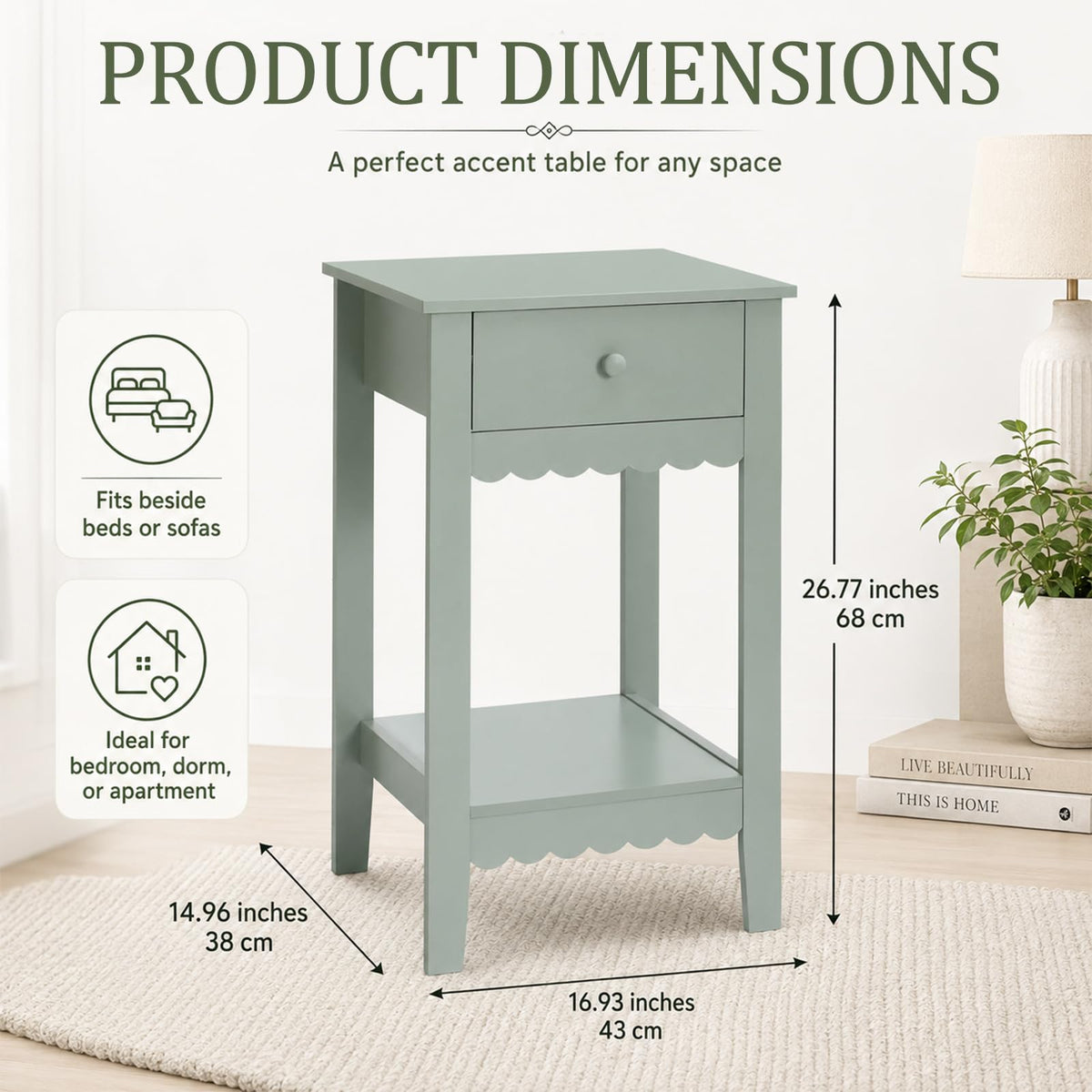 Scalloped Nightstands Side End Table with Drawer & Open Shelf I485357