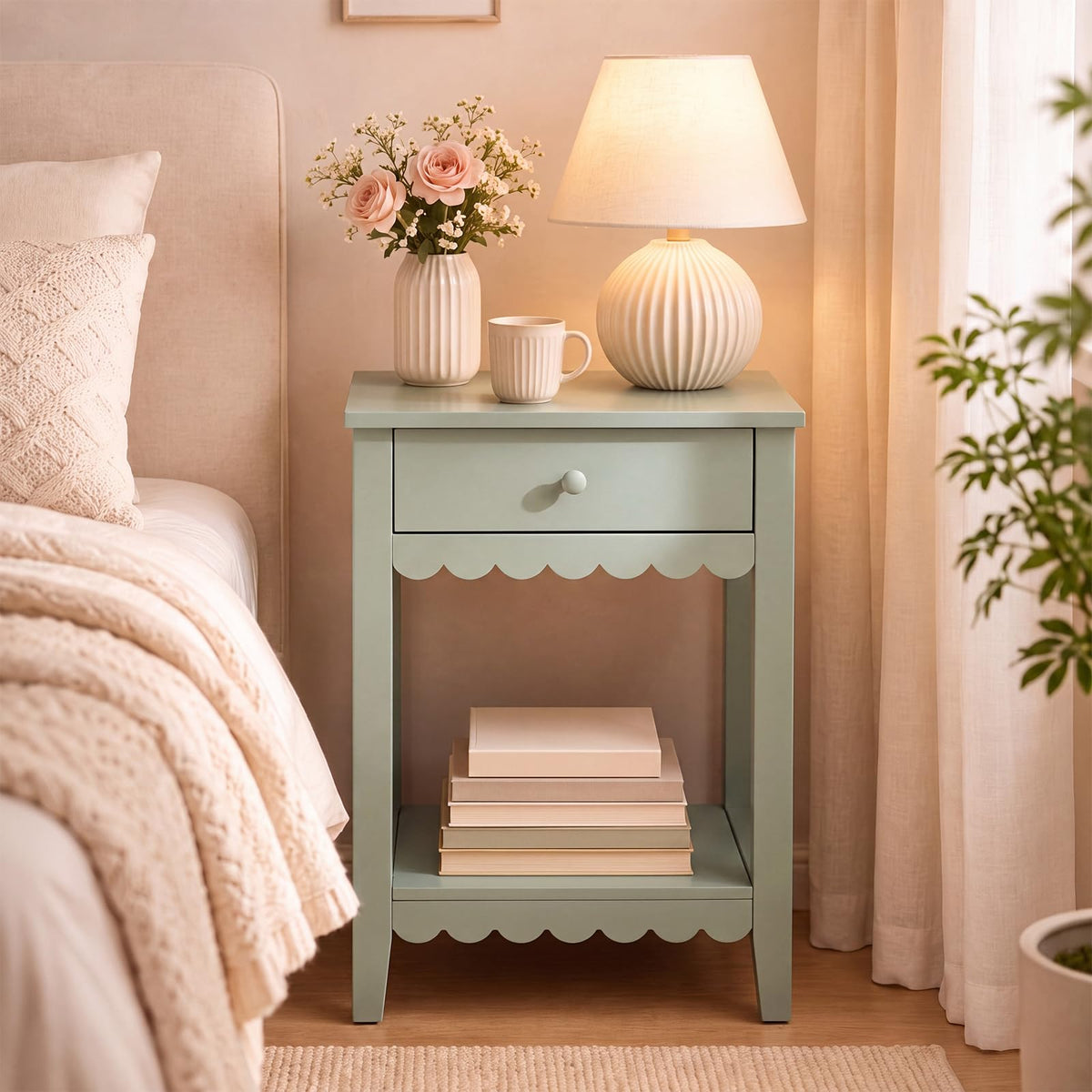 Scalloped Nightstands Side End Table with Drawer & Open Shelf I485357