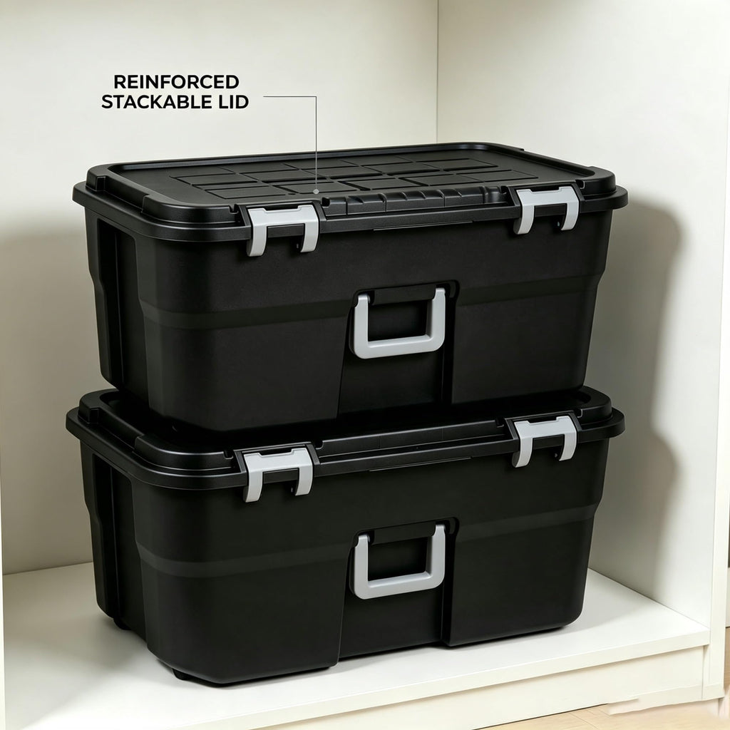 2 Pack 22 Gallon Black Wheeled Lockable Plastic Storage Trunk V145906
