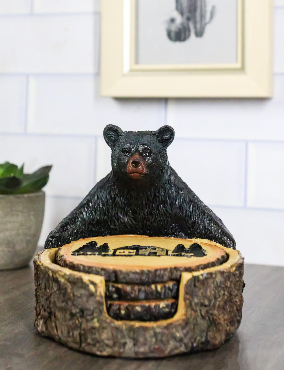 Black Bear Tree Trunk Coaster Holder with 4 Coasters M683820