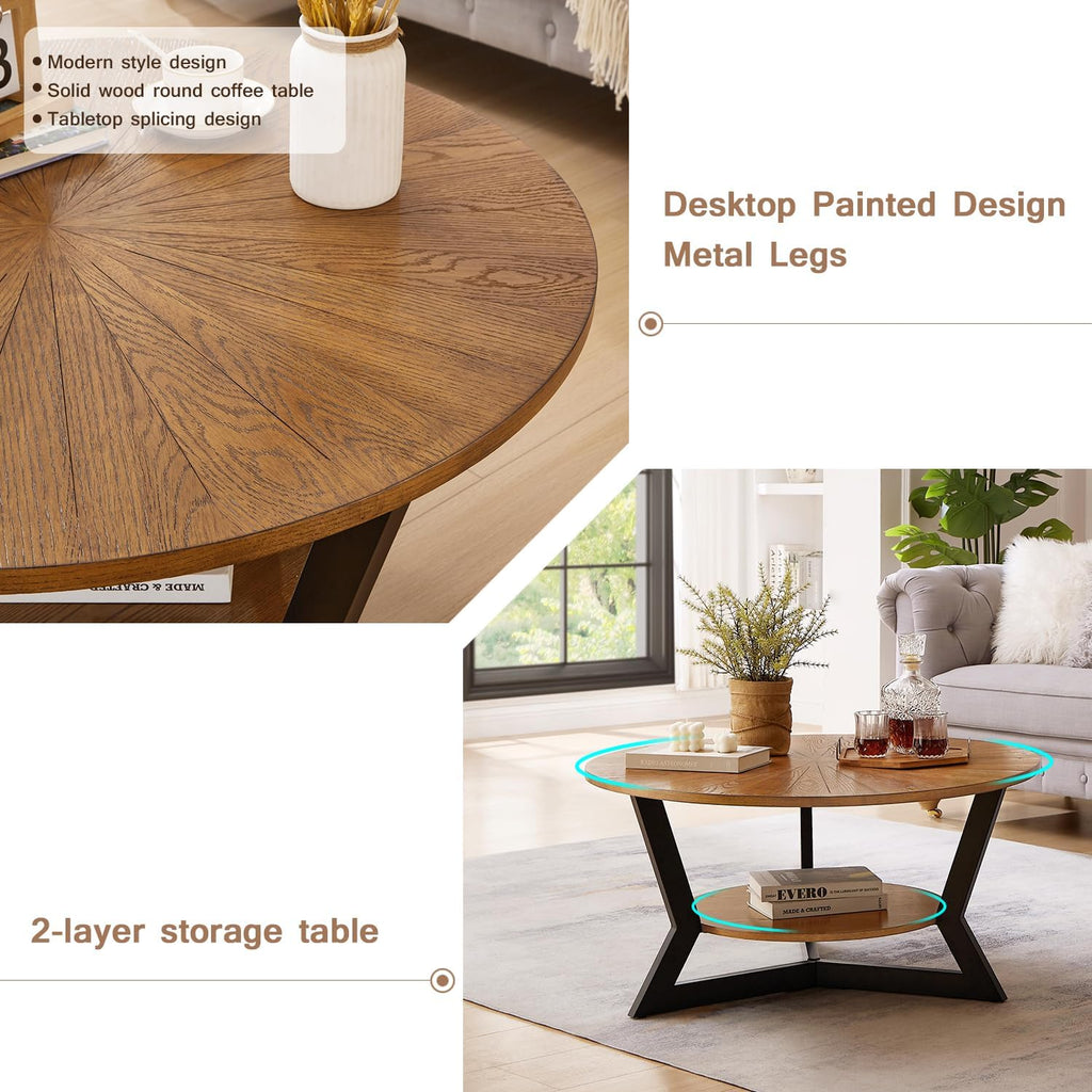 Brown 2-Tier Solid Wood Round Coffee Table L468511