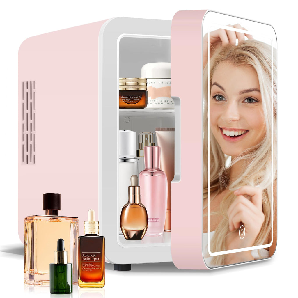 4-Liter Pink Portable Mini Fridge with Mirrored Door E691