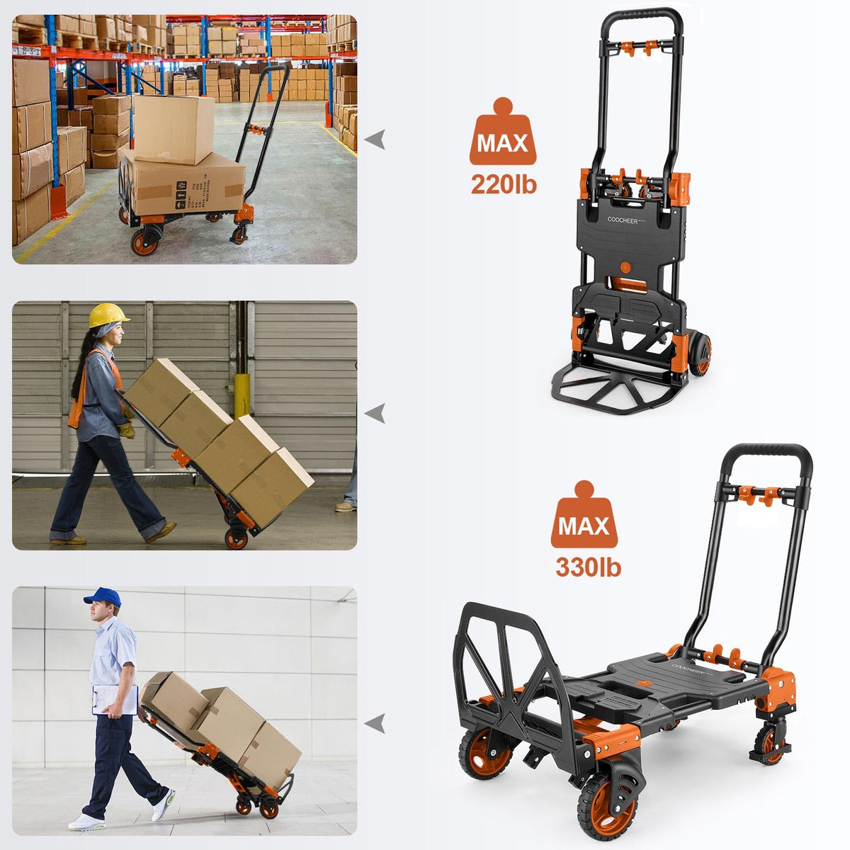 Folding Hand Truck Dolly, 330lb 4 to 2 Wheel Moving Cart, Orange U9570