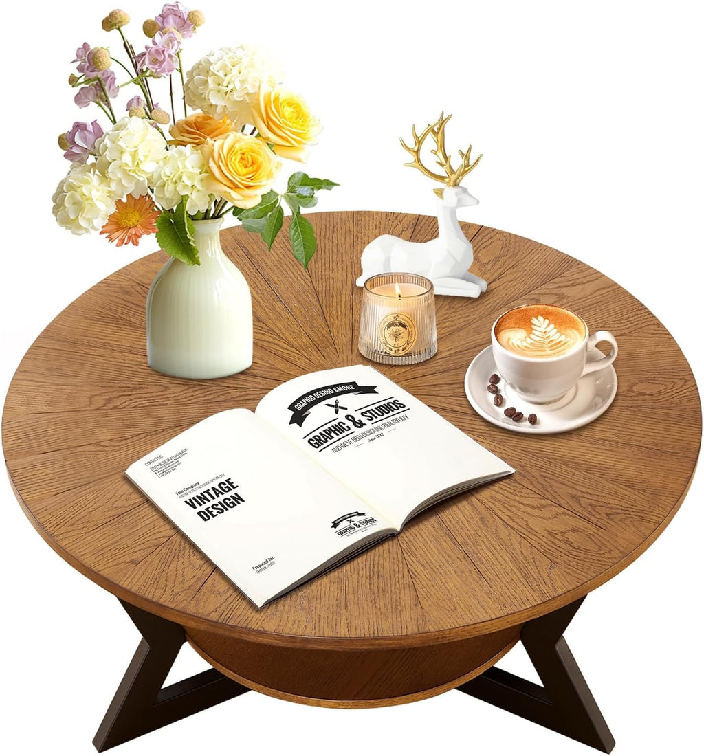 Brown 2-Tier Solid Wood Round Coffee Table L468511