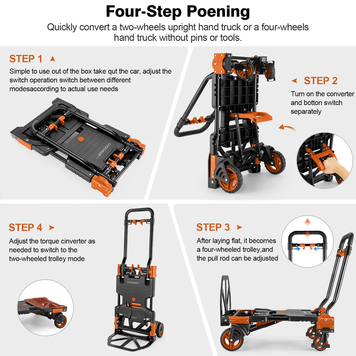 Folding Hand Truck Dolly, 330lb 4 to 2 Wheel Moving Cart, Orange U9570