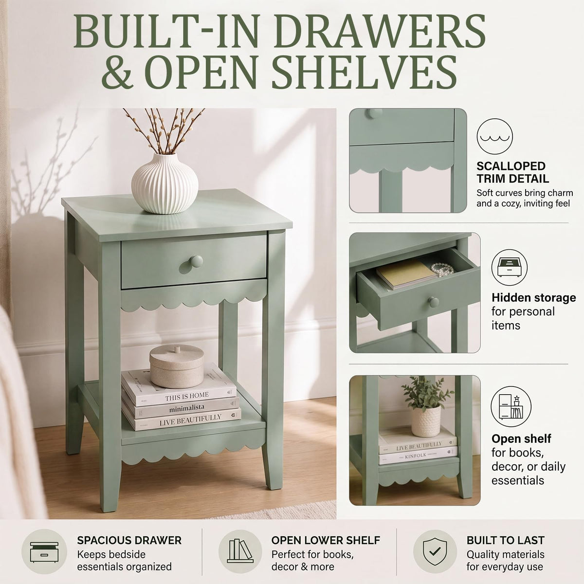 Scalloped Nightstands Side End Table with Drawer & Open Shelf I485357