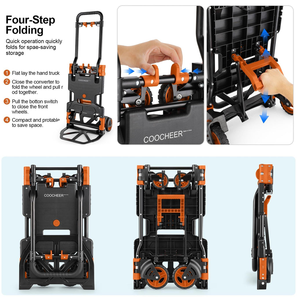 Folding Hand Truck Dolly, 330lb 4 to 2 Wheel Moving Cart, Orange U9570