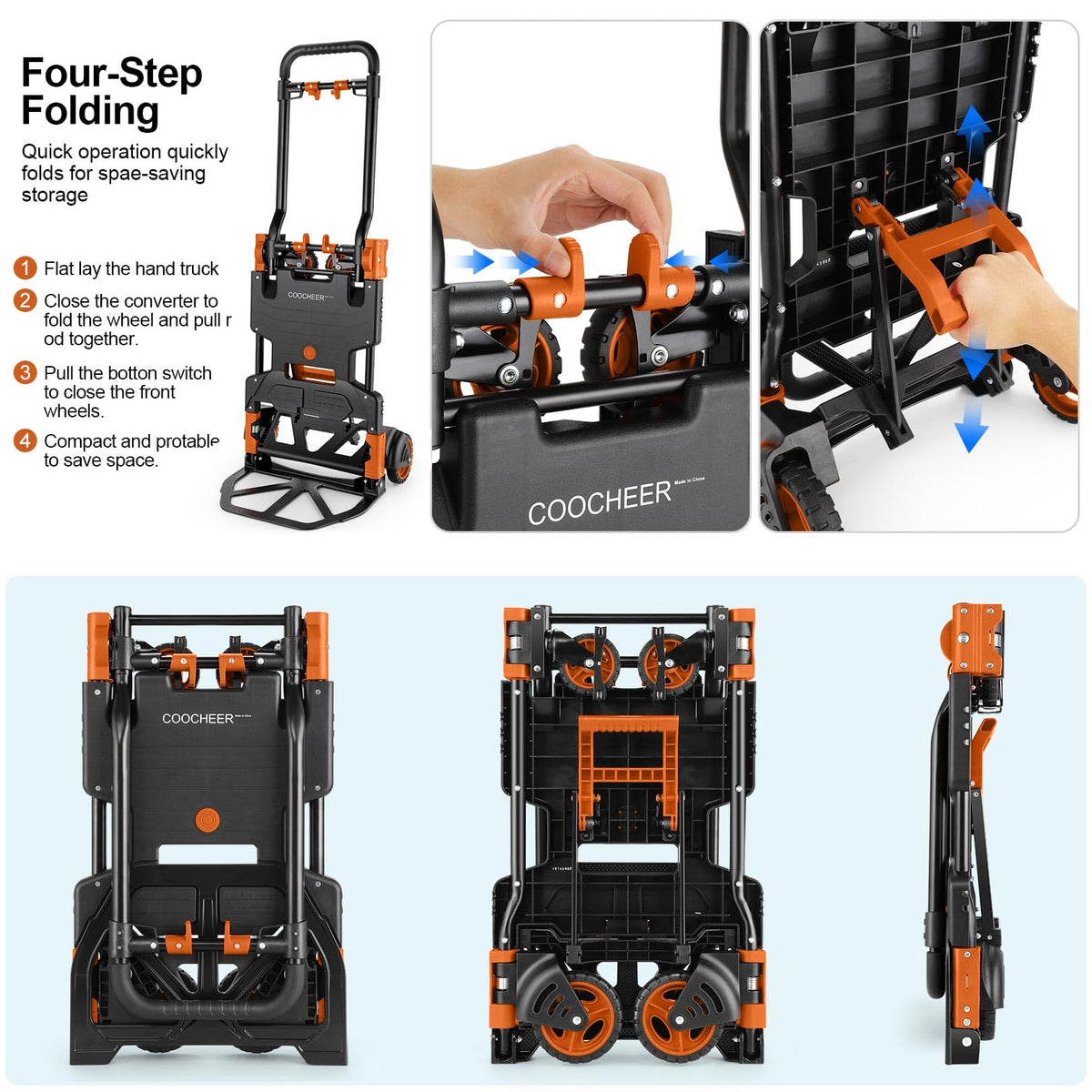 Folding Hand Truck Dolly, 330lb 4 to 2 Wheel Moving Cart, Orange U9570