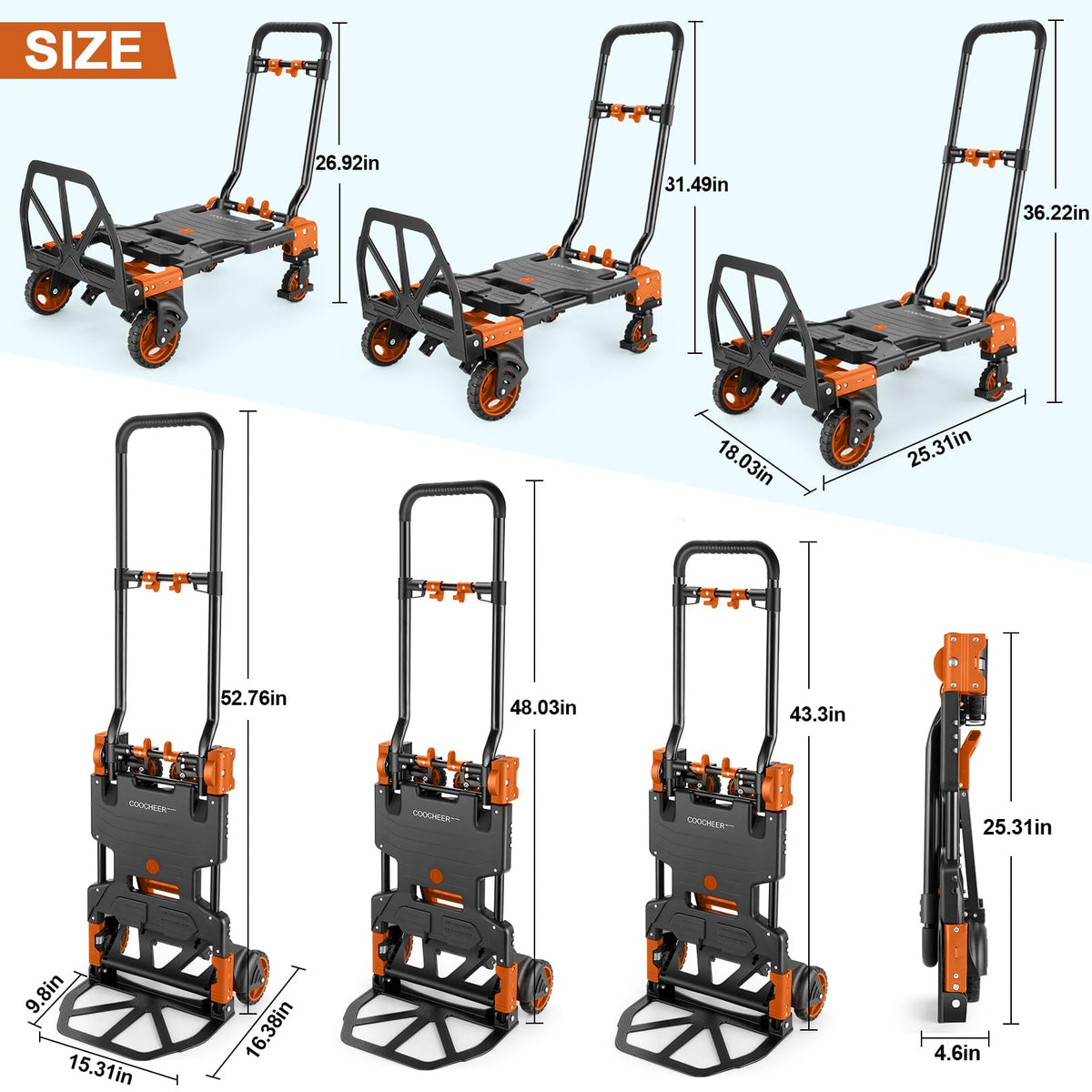 Folding Hand Truck Dolly, 330lb 4 to 2 Wheel Moving Cart, Orange U9570