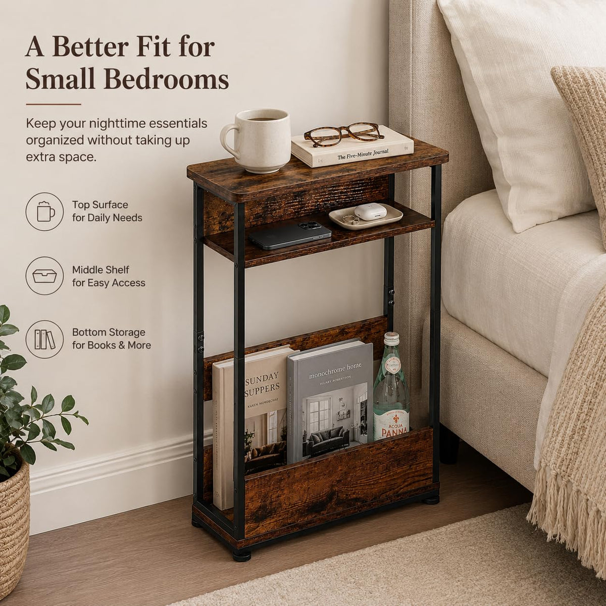 Narrow 3-Tier Side Table with Storage Shelf T674923
