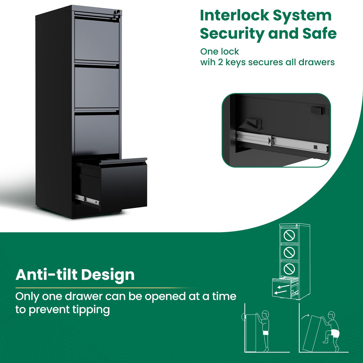 Black 4 Drawer Metal File Cabinet with Lock A220